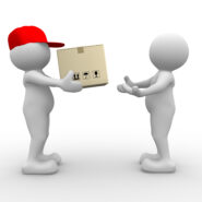 3d people - man, person with carton box ( packages) . Postman - delivering a package